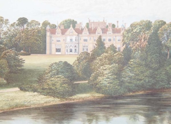 Antique colour print, a chromolithograph from 1880 of Keele Hall in Staffordshire