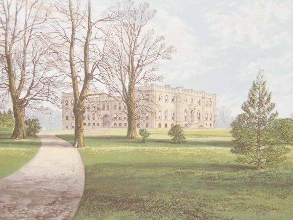 Antique colour print, a chromolithograph from 1880 of Kimbolton Castle in Cambridgeshire