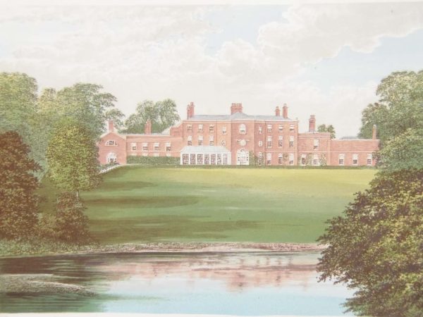 Antique colour print, a chromolithograph from 1880 of Lawton Hall in Cheshire