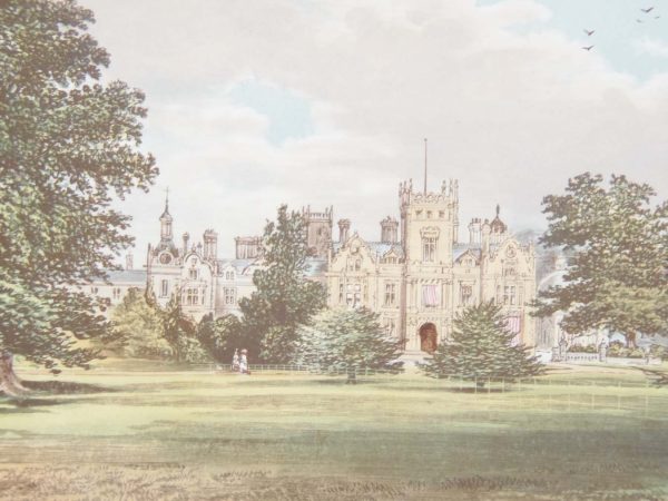 Antique colour print, a chromolithograph from 1880 of Preston Hall in Scotland