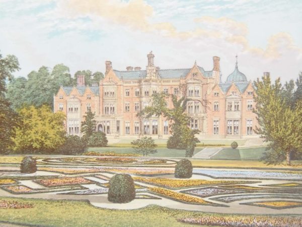 Antique colour print, a chromolithograph from 1880 of Sandringham in Norfolk