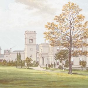 Antique colour print, a chromolithograph from 1880 of Stowlangtoft Hall in Suffolk