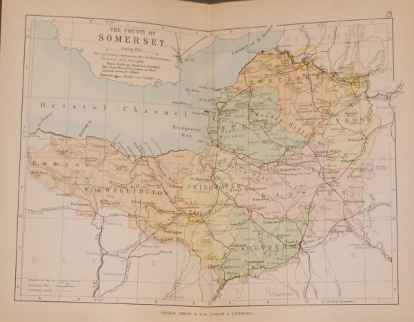 1895 Antique Colour Map of The County of Somerset, printed in 1895.