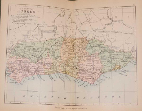 1895 Antique Colour Map of The County of Sussex, printed in 1895.