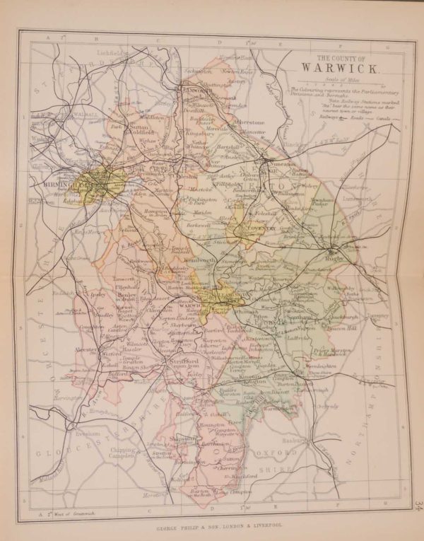 1895 Antique Colour Map of The County of Warwickshire (Warwick on map), printed in 1895.