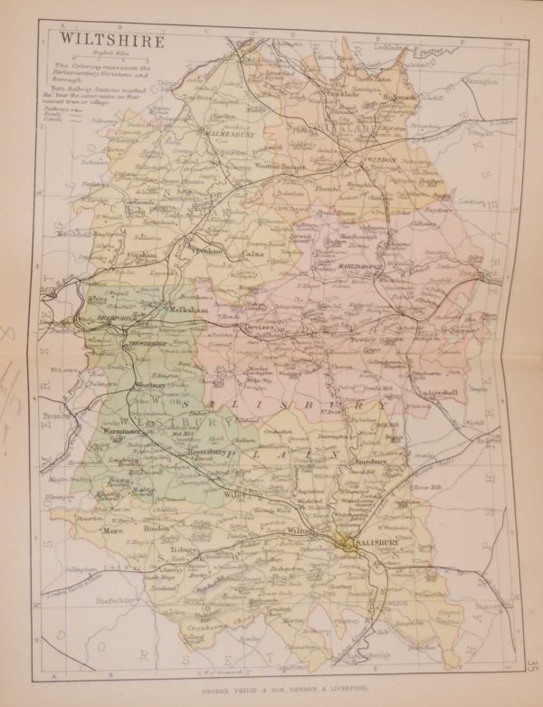 1895 Antique Map The County of Wiltshire