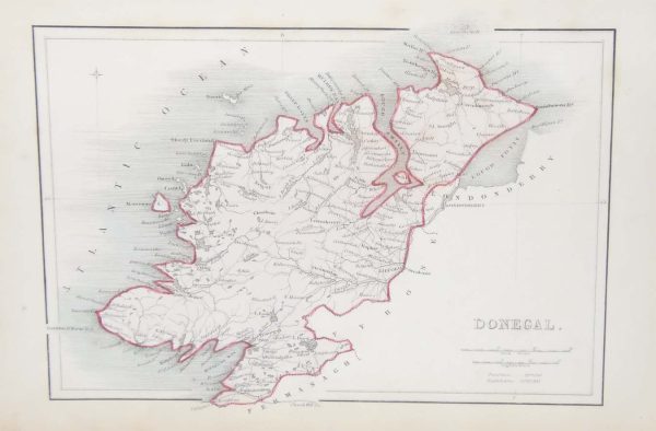 Antique colour Map of Donegal from the 1840’s. The map has a scale reference both in Irish and English miles, it also references the population and the English acreage within the county.