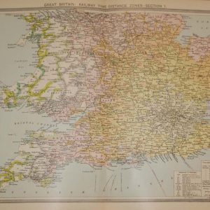 Large vintage colour map from 1930 of Railway Time and Distance Zones Section 1. Map shows from Sheffield to Cornwall. Area are colour coded by distance of a train journey from London, also a reference box to railways operating at the time.