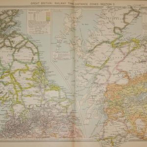 Large vintage colour map from 1930 of Railway Time and Distance Zones Section 2, edited by George Philips and printed by his firm.