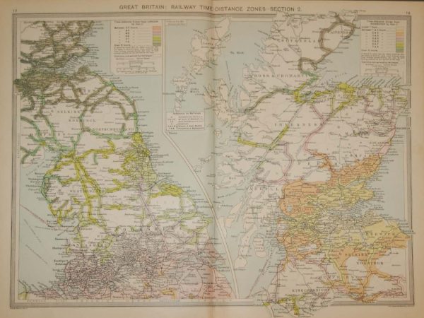Large vintage colour map from 1930 of Railway Time and Distance Zones Section 2, edited by George Philips and printed by his firm.