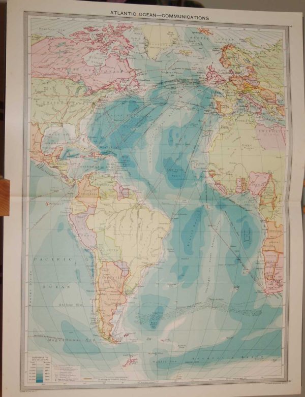 Large vintage colour map from 1930 of the Atlantic communication routes, edited by George Philips and printed by his firm.