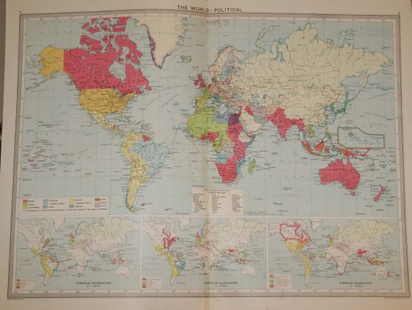 Large vintage colour map from 1930 of the World Political.