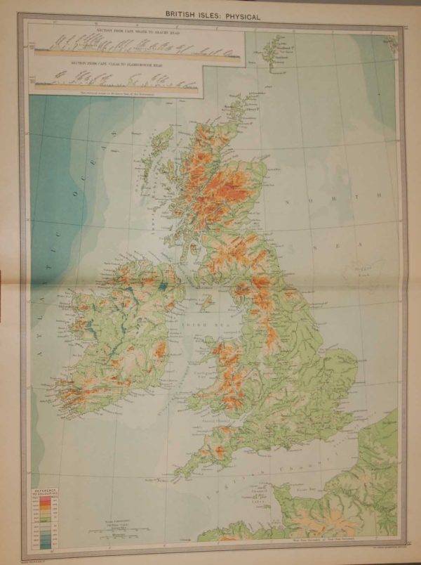 Large vintage colour map from 1930 of the British Isles Physical, edited by George Philips and printed by his firm.