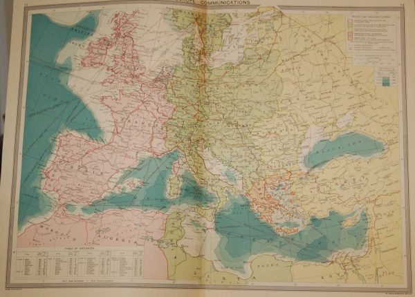 Large vintage colour map from 1930 of Europe Communications, edited by George Philips and printed by his firm.
