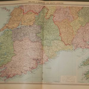 Large vintage colour map from 1930 of Munster and South Leinster. Map shows Munster counties and Wicklow, Kilkenny, Carlow, Wexford and part laois and Offaly ( King and Queens county on map) in Leinster. Separate small map bottom right showing Dingle bay & Valentia.