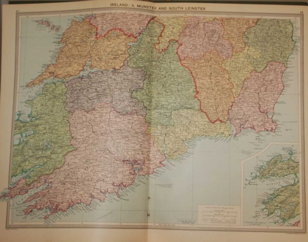 Large vintage colour map from 1930 of Munster and South Leinster. Map shows Munster counties and Wicklow, Kilkenny, Carlow, Wexford and part laois and Offaly ( King and Queens county on map) in Leinster. Separate small map bottom right showing Dingle bay & Valentia.