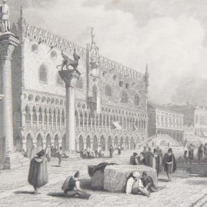 1836 antique engraving, tilted Venice, after a painting by Samuel Prout and engraved by Freebairn