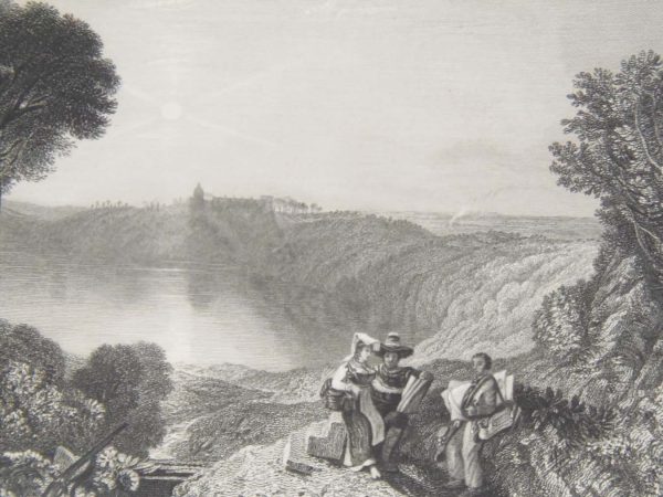 1836 antique engraving, Georgian, tilted Lake Albano, after a painting by J M Turner and engraved by Robert Wallis