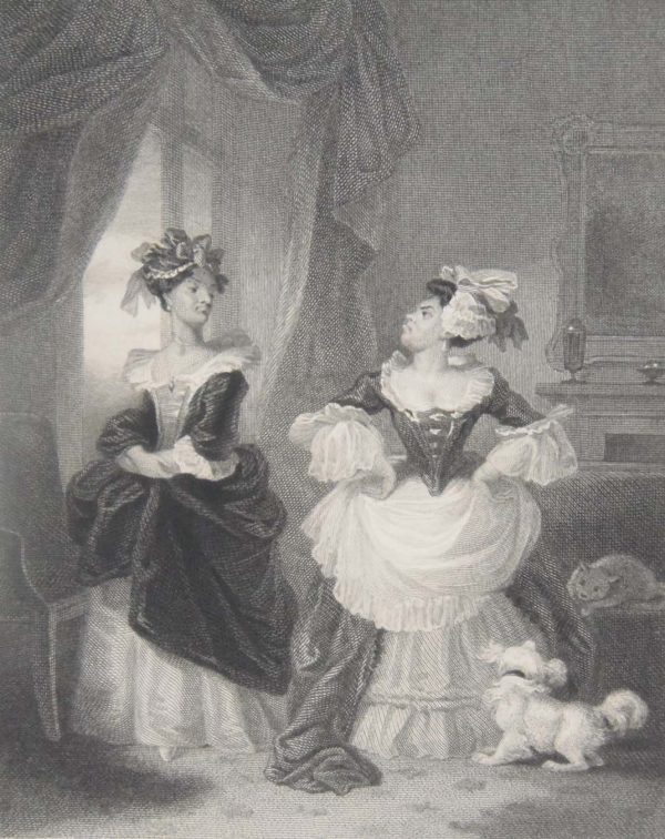 1836 antique engraving, Georgian, tilted Rival Waiting Women, after a painting by R Smirke and engraved by William Finden