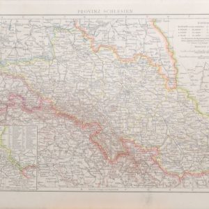 Antique map of the Province of Silesia, titled on map Provinz Schlesien, which was a province of Prussia from 1815 to 1919. Smaller map on the bottom of Oberschlesisches.