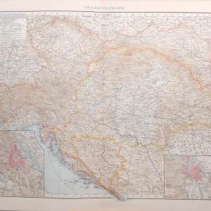 Antique map titled Austria Hungary on map Europa Osterreich Ungar. The map also has two smaller city maps in lower corners, one of Vienna and one of Budapest.