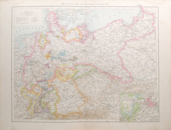Antique map titled Germany Political Overview on map Deutschland Politische Ubersicht. Smaller map of Berlin in right corner.