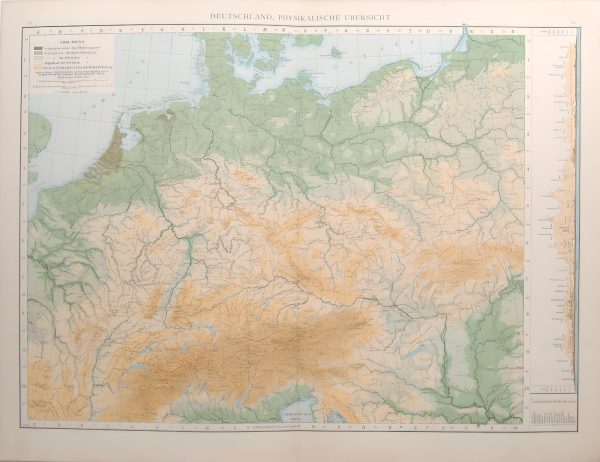 Antique map titled Germany Physical Overview on map Deutschland Physikalische Ubersicht. List of mountains in Germany and size on right hand side.