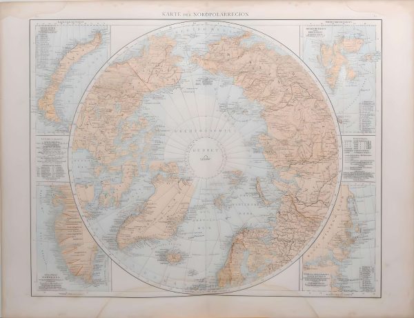 Antique map of the North Pole region, titled on map Karta der Nord Polar Region. Four smaller maps at the corners of Gronland ( by 2 ) , Spizbergen and Nowaja Semlia.