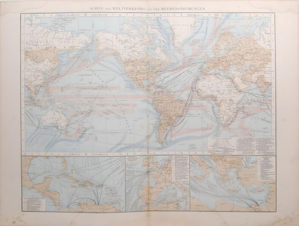 Antique map of World Transport & Ocean Currents, titled on map Karte des Weltverkehrs und des Meeresstromumgen. Three smaller maps on the bottom showing Asia, Europe and Central America.