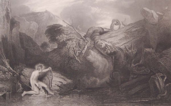 Antique print, Victorian, from 1878 titled Apollo Killing the Python. After the painting by JMW Turner and engraved by L Stocks.