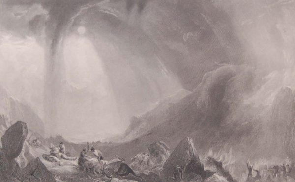 Antique print, Victorian, from 1878 titled Hannibal Crossing The alps. After the painting by JMW Turner and engraved by J Cousen.