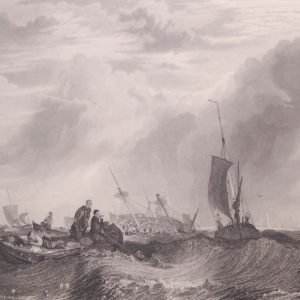 Antique print, Victorian, from 1878 titled Orange Merchantman Going To Pieces. After the painting by JMW Turner and engraved by R Wallis.