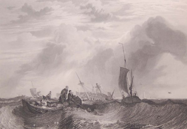 Antique print, Victorian, from 1878 titled Orange Merchantman Going To Pieces. After the painting by JMW Turner and engraved by R Wallis.