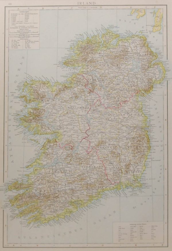 Antique map of Ireland title on map Irland. Provinces boundaries highlighted in colour. Interesting box on bottom right where Irish names such as Dun, Kill, Bally are listed with their German equivalents.