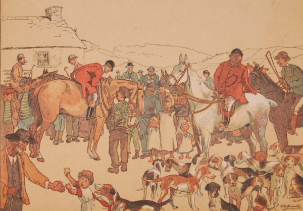 Antique sporting print , a chromolithograph, from 1902, after Edith Somerville, titled "When the hunts it on a holy day".