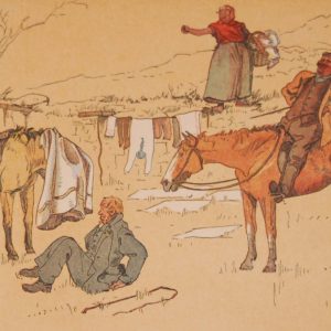 Antique sporting print , a chromolithograph, from 1902, after Edith Somerville, titled "She faced Him The Same As Jeffrey Faced His Cat".
