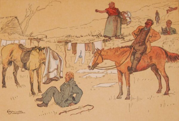 Antique sporting print , a chromolithograph, from 1902, after Edith Somerville, titled "She faced Him The Same As Jeffrey Faced His Cat".