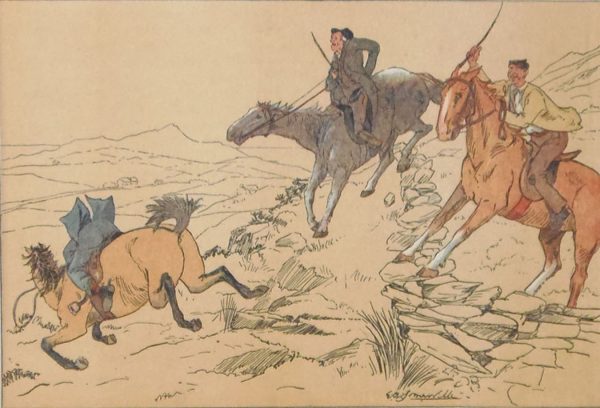 Antique sporting print , a chromolithograph, from 1902, after Edith Somerville, titled "The Yalla Pony Made A Ball of Himself".