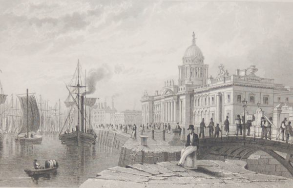 Antique print from 1832 of the Custom House, Dublin, Ireland. The print was engraved by W Woolnoth and is after a drawing by William Bartlett.