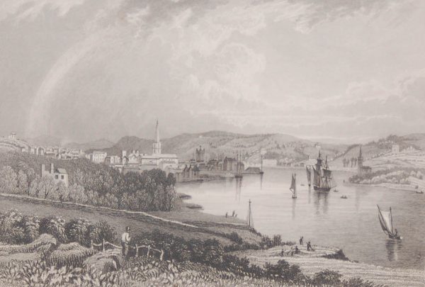 Antique print from 1832 of the City of Waterford from the Dunmore Road.  The print was engraved by William Taylor and is after a drawing by William Bartlett.