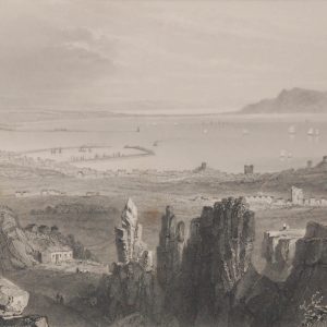 Antique print from 1841 engraving of Dublin Bay in Ireland. The print was engraved by J C Bentley and is after a drawing by William Bartlett.
