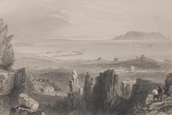 Antique print from 1841 engraving of Dublin Bay in Ireland. The print was engraved by J C Bentley and is after a drawing by William Bartlett.