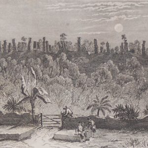 1856 antique print, titled AKE, ruined structure on mound. After a drawing by Frederick Catherwood and engraved by A Halbert.