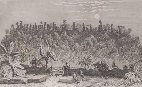1856 antique print, titled AKE, ruined structure on mound. After a drawing by Frederick Catherwood and engraved by A Halbert.