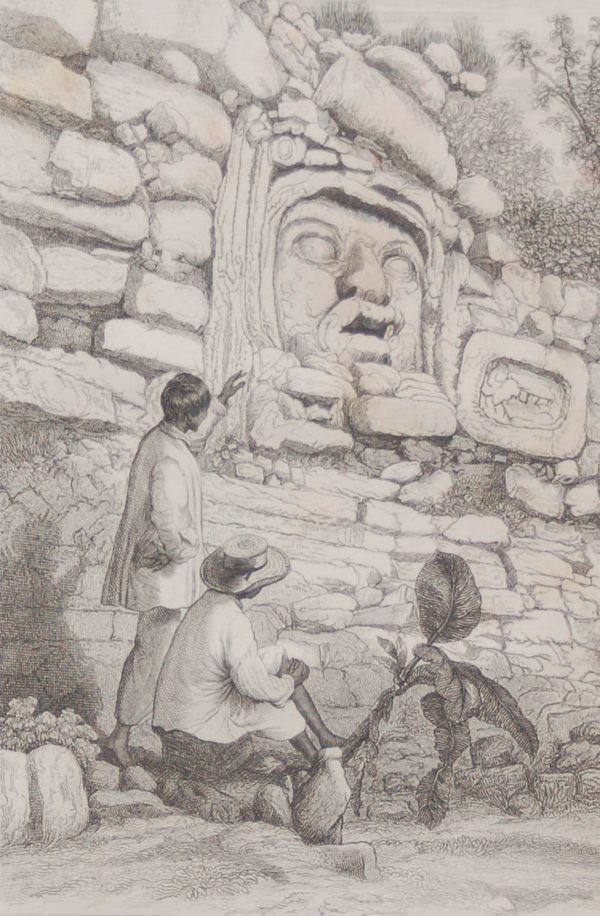 1856 antique print, titled Izamal Gigantic Head. After a drawing by Frederick Catherwood and engraved by S H Gimber.