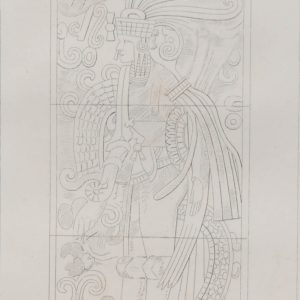 1856 antique print of a figure in Bas-relief on stone of one of the Jazanbs of the Teo Callis at Chichen Itza. After a drawing by Frederick Catherwood and engraved by Halbert.