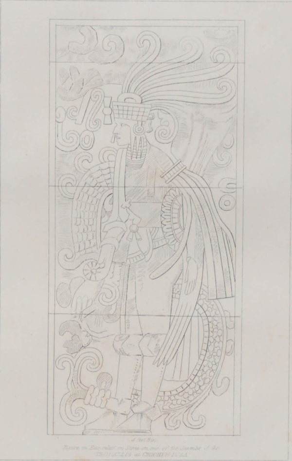 1856 antique print of a figure in Bas-relief on stone of one of the Jazanbs of the Teo Callis at Chichen Itza. After a drawing by Frederick Catherwood and engraved by Halbert.