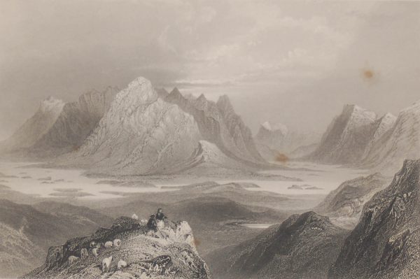 1841 Steel engraving of a scene from Cloonacartin Hills, Connemara, Galway. The print was engraved by Robert Brandard after a drawing by William Bartlett.
