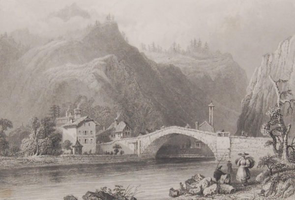 Antique print, engraving of Clues on the Arve Savoy. After a drawing by William Bartlett and engraved by R Wallis.