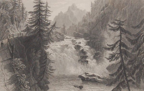 Antique print, engraving, Fall of the Rhone in the Roffla (Grisons). After a drawing by William Bartlett and engraved by J C Armytage.